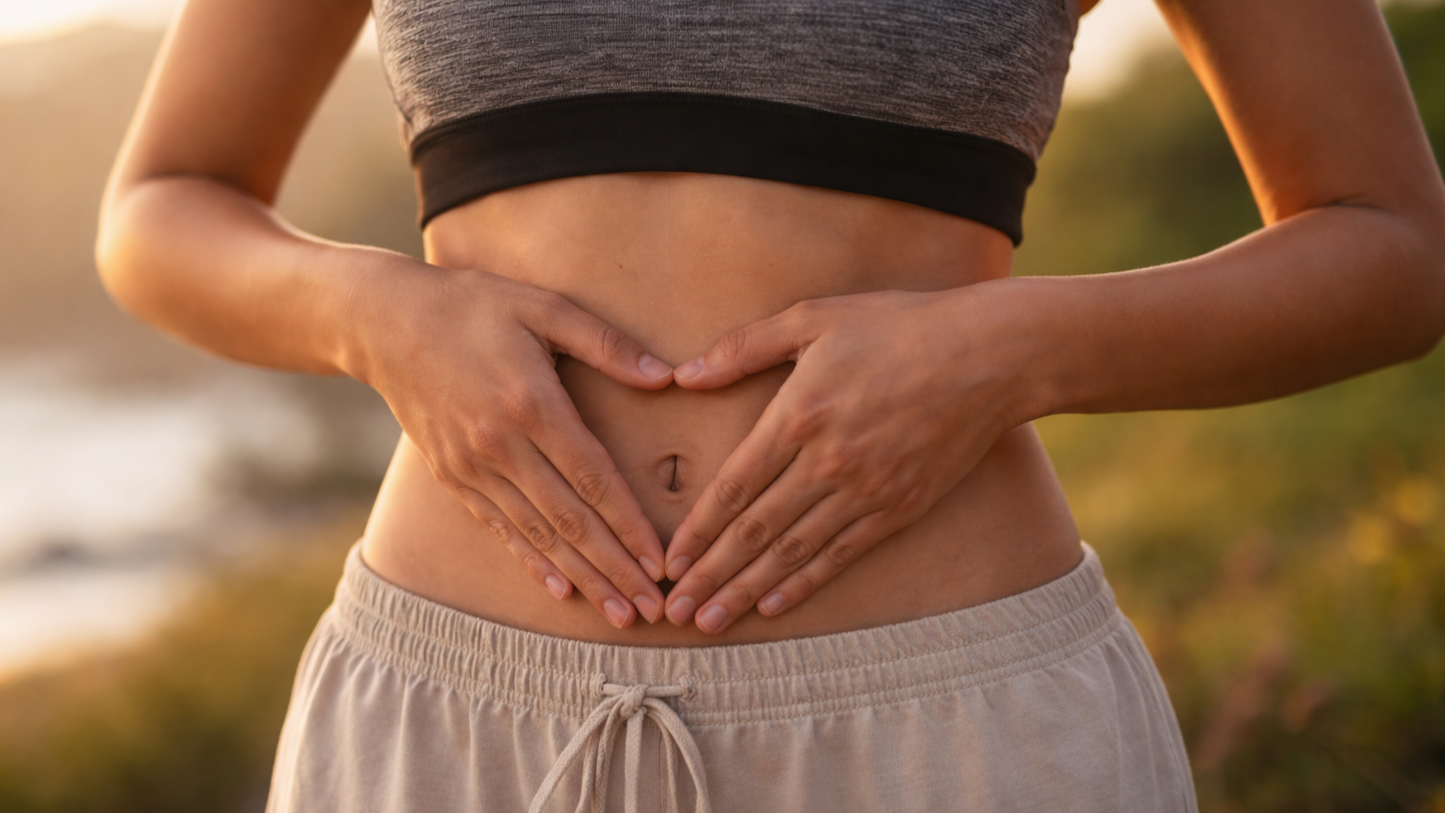 Person som håller händerna över magen i lugn miljö, symbol för tarmhälsa och kroppslig balans.