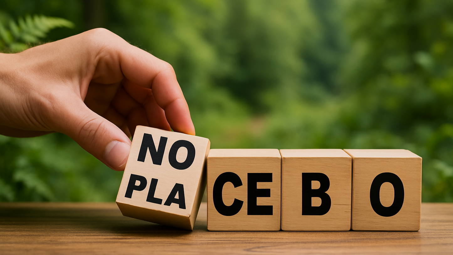 Hand som placerar träklossar med orden placebo och nocebo.